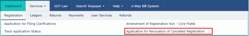 screenshot of application for revocation of cancelled gst registration