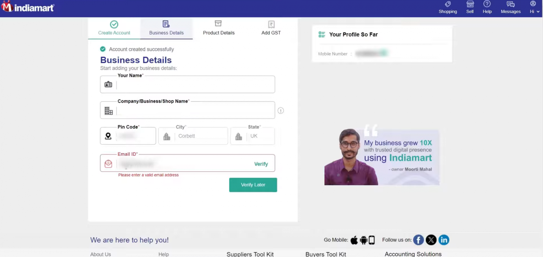 Business Details on Indiamart